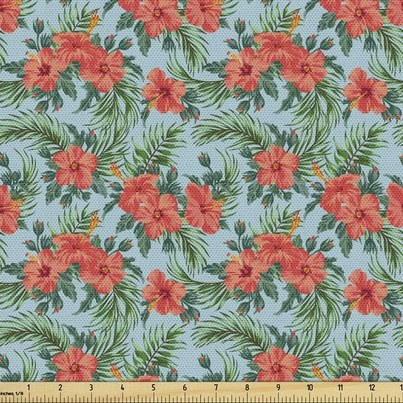 Ambesonne Luau Fabric by the Yard Upholstery, Summer Aloha Flourish, 10 Yards, Vermilion Pale Blue