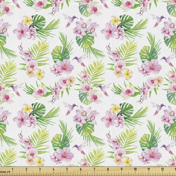 Ambesonne Luau Fabric by the Yard Upholstery, Hawaiian Hibiscus Leaves, 2 Yards, Pale Pink Yellow Green