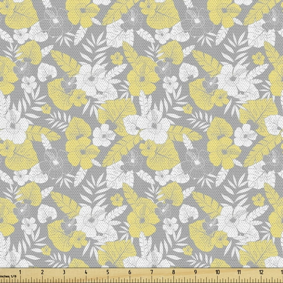 Ambesonne Luau Fabric by the Yard Upholstery, Hawaii Vegetation Vintage, 10 Yards, Pale Yellow Pale Grey