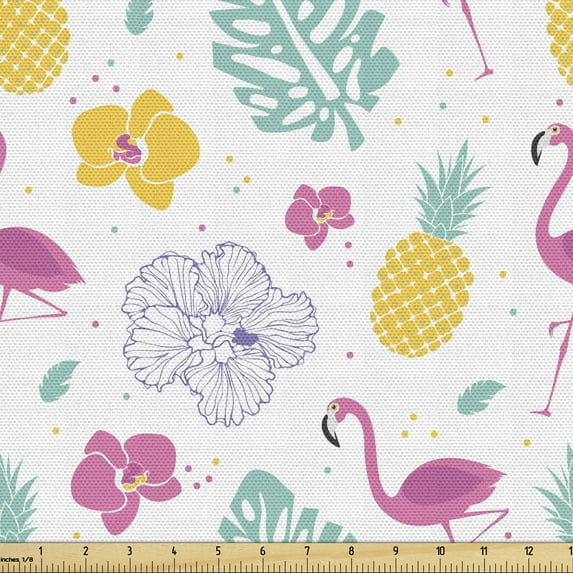 Ambesonne Luau Fabric by the Yard Upholstery, Flamingo Pineapple Petals Leaf, 10 Yards, White Seafoam