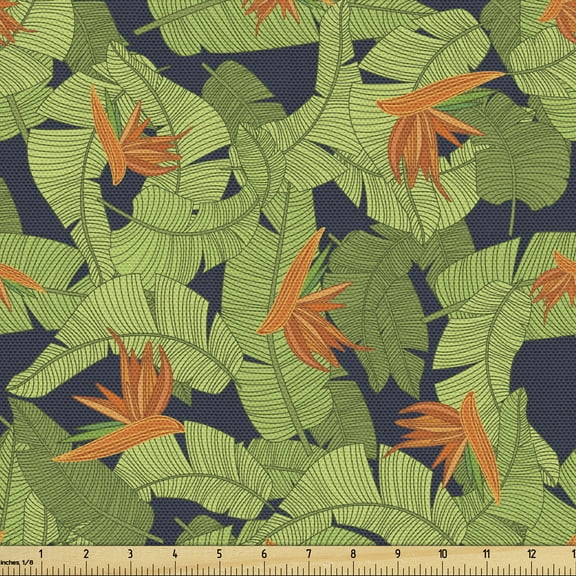 Luau Fabric by the Yard Upholstery, Aloha Print of Striped Leaves and Flowers, Decorative Fabric for DIY and Home Accents, 1 Yard, Night Blue Lime Green by Ambesonne
