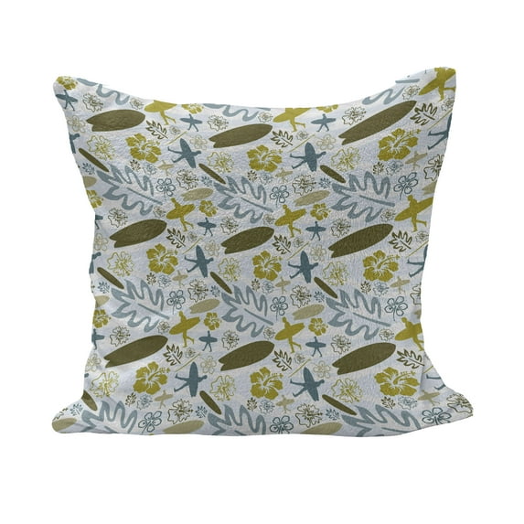 Luau Fluffy Throw Pillow Cushion Cover, Beach with Surfers Silhouettes Waves and Exotic Plant Summer Theme, Rectangle Accent Pillow Case, 36" x 16", Olive Green Slate Blue, by Ambesonne