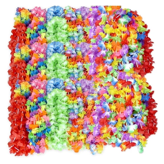 Luau Leis 100 Pack Hawaiian Theme Multi Colorful Tropical Summer Floral Necklace Simulated Silk Lei, Party & Wedding Favors (100)
