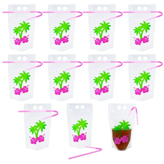 Luau Party Collapsible BPA-Free Plastic Drink Pouches with Straws Bulk 50 Ct