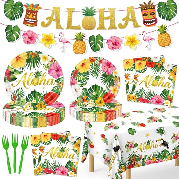 Luau Party Decorations, 99Pcs Hawaiian Plates and Napkins-Serve 24 With Aloha Banner Tablecloth Disposable Luau Plates Set for Hawaiian Tropical Summer BBQ Party Decorations