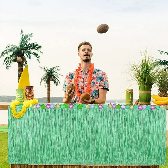 Luau Party Grass Table Skirt 75x275cm Hawaiian Tropical Polyester Synthetic Reusable Skirt for Summer Beach Birthday Party Decoration Easy Install Festive Decor