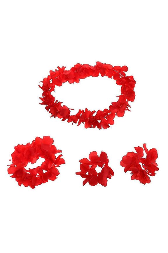 Luau Party Supplies Ruffled Simulated Silk Flower Leis Necklace Bracelets Floral Garland Crown Red 4Set