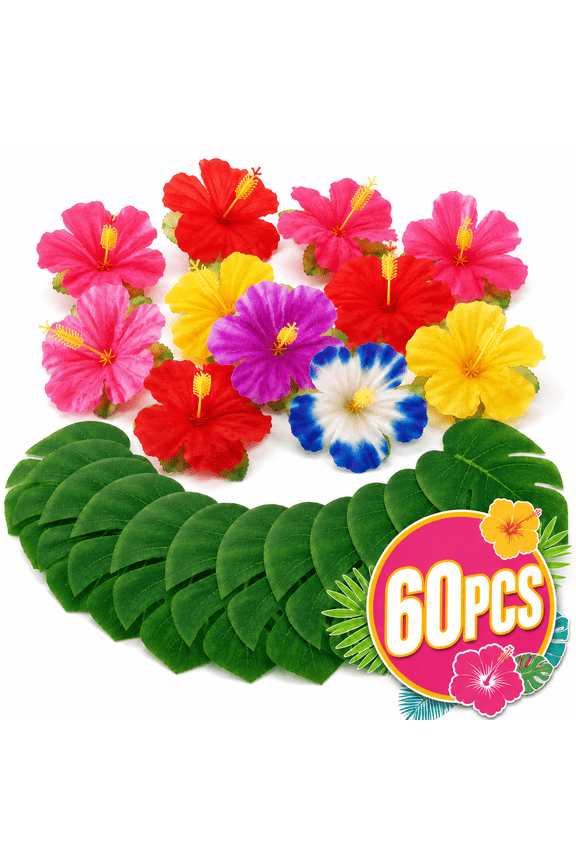 Luau Party Supplies Tropical Artificial Palm Leaves Hibiscus Flowers for Hawaiian Aloha Safari Party Favors Jungle Beach Theme Birthday Table Dcor 60Pcs