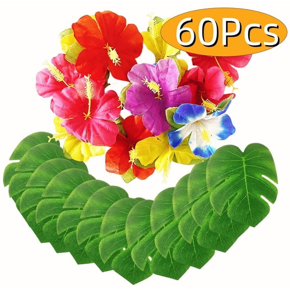 Luau Party Supplies Tropical Artificial Palm Leaves Hibiscus Flowers for Hawaiian Aloha Safari Party Favors Jungle Beach Theme Birthday Table Dcor 60Pcs