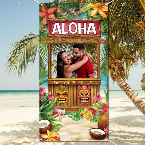 Luau Photo Door Banner Hawaiian Aloha Party Decoration Large Fabric Tiki Bar Photo Booth Backdrop Hawaiian Party Banner Tropical Beach Photo Prop