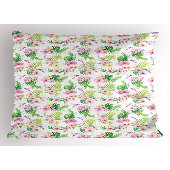 Luau Pillow Sham Hawaiian Flower Branches with Exotic Giant Leaves and Birds Botany Print, Decorative Standard King Size Printed Pillowcase, 36 X 20 Inches, Baby Pink Lime Green, by Ambesonne