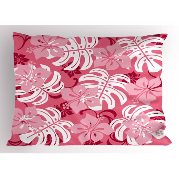 Luau Pillow Sham Hibiscus Flower with Monstera Leaves Rainforest Plants Fresh Nature Motif, Decorative Standard Queen Size Printed Pillowcase, 30 X 20 Inches, Baby Pink White Ruby, by Ambesonne