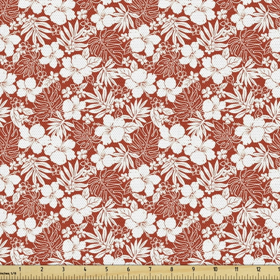 Luau Sofa Upholstery Fabric by the Yard, Hawaiian Hibiscus Florets Bouquet Summer Petals Exotic Beauty Wildflowers Print, Decorative Fabric for DIY Home Accents, 2 Yards, Vermilion White by Ambesonne