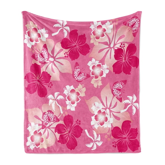 Luau Soft Flannel Fleece Throw Blanket, Abstract Hibiscus Pattern Dreamlike Fantasy Composition with Butterflies, Cozy Plush for Indoor and Outdoor Use, 60" x 80", Pink Pale Peach White, by Ambesonne