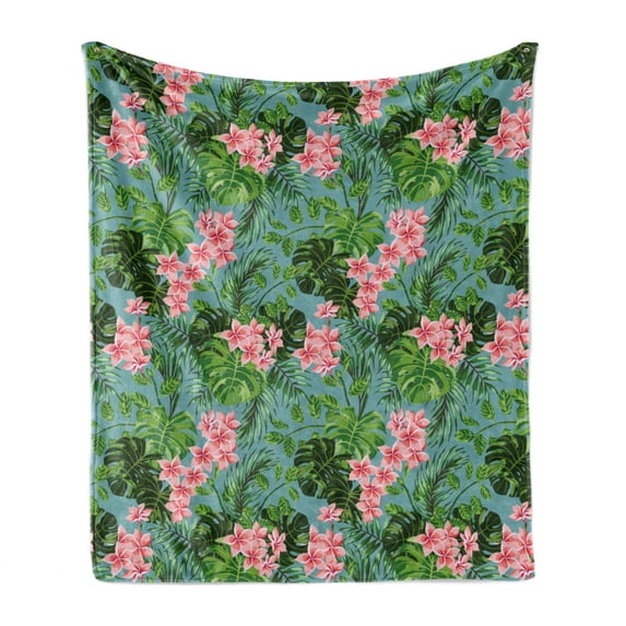 Luau Soft Flannel Fleece Throw Blanket, Exotic Illustration of Leaves and Pastel Tone Plumeria Flowers Repeated, Cozy Plush for Indoor and Outdoor Use, 50" x 70", Teal Green, by Ambesonne