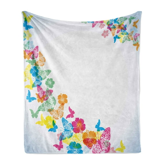 Luau Soft Flannel Fleece Throw Blanket, Fun Party Borders with Colorful Butterfly Silhouettes and Florets, Cozy Plush for Indoor and Outdoor Use, 50" x 70", Multicolor, by Ambesonne