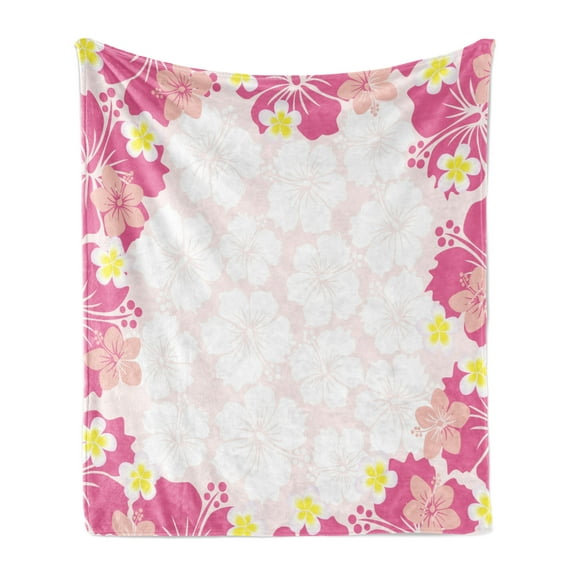 Luau Soft Flannel Fleece Throw Blanket, Graphic Frame of Pink Hibiscus Flourish Hawaiian Nature Abstract Style, Cozy Plush for Indoor and Outdoor Use, 70" x 90", Pink Yellow and Peach, by Ambesonne