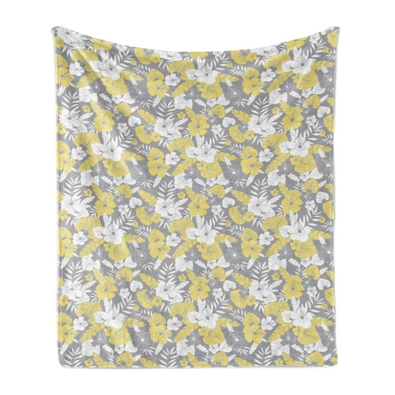 Luau Soft Flannel Fleece Throw Blanket, Hawaiian Vegetation Flowers Abstract Summertime Botanical Composition, Cozy Plush for Indoor and Outdoor Use, 50" x 60", Pale Yellow Pale Grey, by Ambesonne