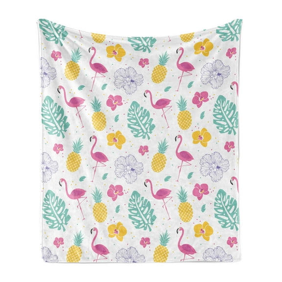 Luau Soft Flannel Fleece Throw Blanket, Petals Monstera Leaves Flamingo Pineapple and Irregular Polka Dots, Cozy Plush for Indoor and Outdoor Use, 60" x 80", White Seafoam, by Ambesonne