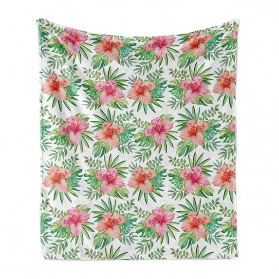 Luau Soft Flannel Fleece Throw Blanket, Print of Hawaiian Hibiscus Monstera Palm Leaves Blossoming, Cozy Plush for Indoor and Outdoor Use, 60" x 80", Vermilion Hot Pink, by Ambesonne