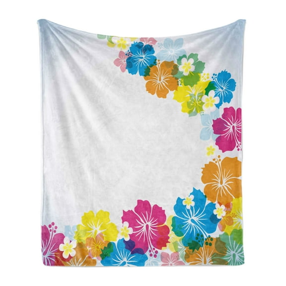Luau Soft Flannel Fleece Throw Blanket, Vibrant Colorful Border Design with Blossoming Hibiscus Polynesian Springtime Aloha, Cozy Plush for Indoor and Outdoor Use, 60" x 80", Multicolor, by Ambesonne