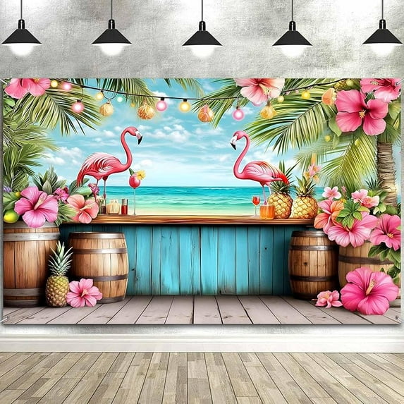 Luau Summer Hawaiian Beach Backdrops Tropical Ocean Palm Trees Blue Sky Sea Flamingo Flowers Photo Backdrop Photography Background Banner Studio Photo Booth Props Wedding Birthday Party Decor