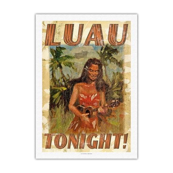 Luau Tonight - Hawaiian Girl Playing Ukulele - Vintage Travel Poster by Wade Koniakowsky - Fine Art Rolled Canvas Print 27in x 40in