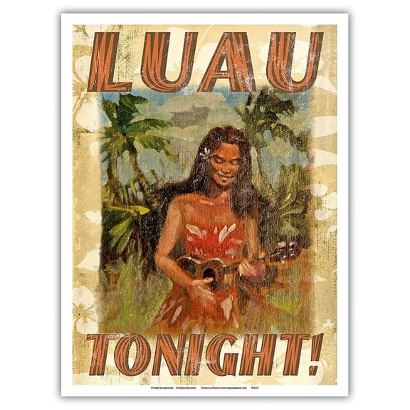 Luau Tonight - Hawaiian Girl Playing Ukulele - Vintage Travel Poster by Wade Koniakowsky - Master Art Print (Unframed) 9in x 12in