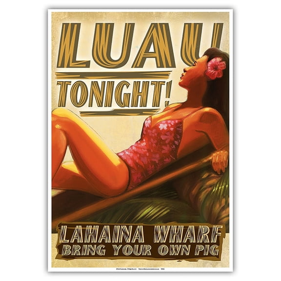 Luau Tonight - Lahaina Wharf Maui Hawaii - Hawaiian Girl - Vintage Travel Poster by Wade Koniakowsky - Master Art Print 10in x 14in
