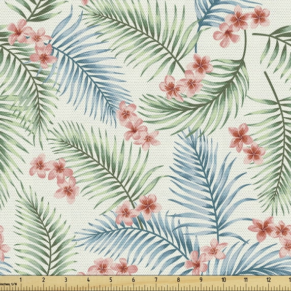 Luau Upholstery Fabric by the Yard, Exotic Vintage Botany Tropic Leaves and Plumeria Flowers Repetition, Decorative Fabric for DIY and Home Accents, 2 Yards, Ivory and Multicolor by Ambesonne