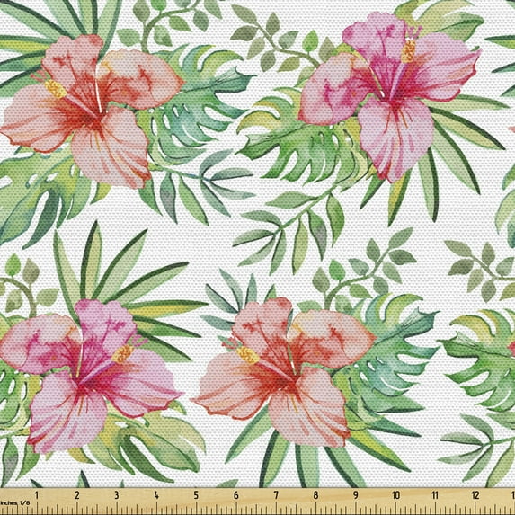 Luau Upholstery Fabric by the Yard, Print of Hawaiian Hibiscus Monstera Palm Leaves Blossoming, Decorative Fabric for DIY and Home Accents, 10 Yards, Vermilion Hot Pink by Ambesonne