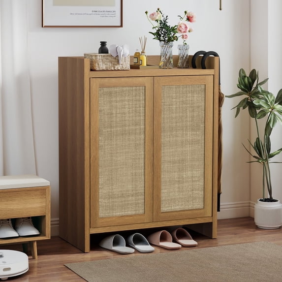 Luban Nese Boho Rattan Shoe Storage Cabinet Wooden Freestanding 2 Doors