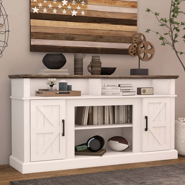 Luban Nese TV Stand for 65 Inch TV, Entertainment Center with Storage Cabinets and Barn Doors, Mid Century Modern Media TV Console Table for Living Room Bedroom (58" White)