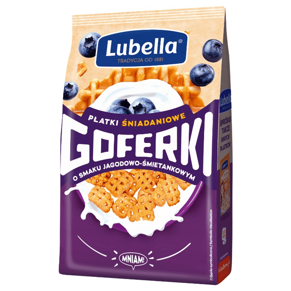 Lubella GOFERKI mini waffles breakfast cereal BLUEBERRY & CREAM flavor -400g/14 oz-