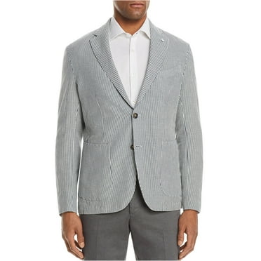 Lubiam Mens Cotton Linen Stripe Two Button Blazer Jacket, Blue, 54 Regular