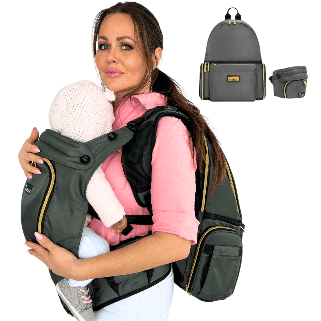 Lublu Diaper Bag Backpack with Baby Carrier, Hip Seat, Changing Pad, Insulated Pockets, Black or Grey (Grey)