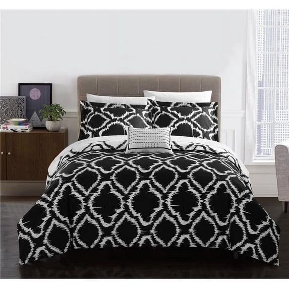 Lubov 8 Piece Reversible Duvet Cover Set Two - Tone Ikat Geometric Diamond Pattern Print Zipper Closure Bed, Black - King