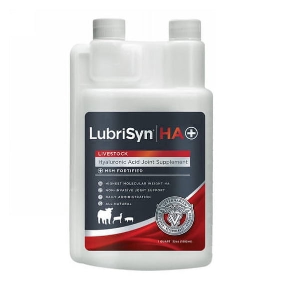 LubriSynHA Livestock Hyaluronic Acid Plus MSM Joint Supplement for Cattle, Horses, Pigs, Goats & Sheep, Vet-Developed, Quart Size, 32 oz