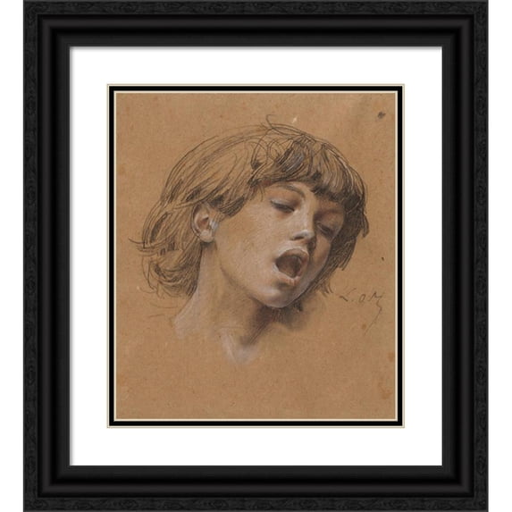 Luc-Olivier Merson 12x14 Black Ornate Wood Framed Double Matted Museum Art Print Titled: Head of a Boy Singing (Study for Music) (C. 1898)