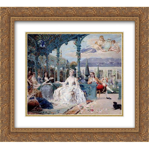 Luc Olivier Merson 2x Matted 22x20 Gold Ornate Framed Art Print 'Miss Clermont and Count Melun at pavilion near Sylvie '