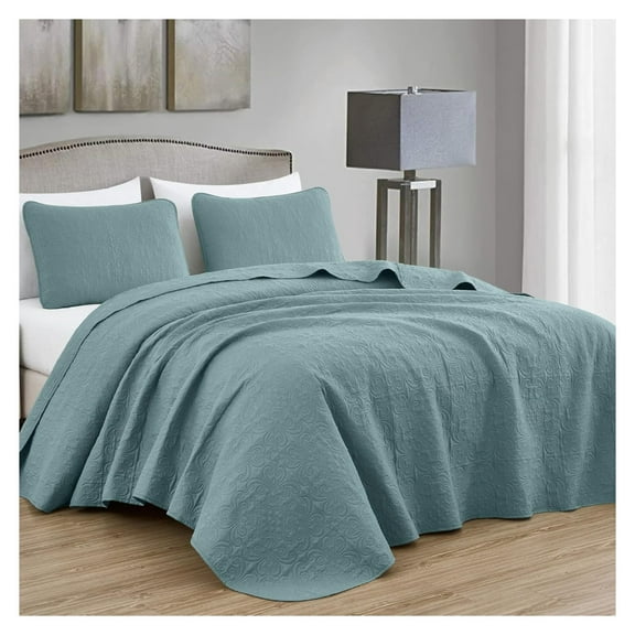 Luca 3-Piece Oversized Bedspread Set, King Size, Spa Blue - Summer Quilt Lightweight Microfiber Bedspread 118 x 106 - Floral Medallion Pattern Coverlet for All Season