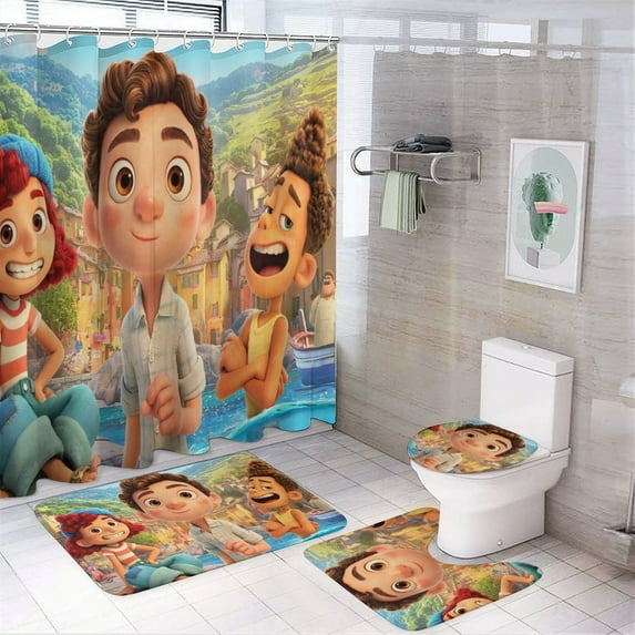 Luca 4 Pcs Shower Curtain Set Bathroom Sets Shower Curtain with 12 Hooks Bathroom Decor with Rugs Bath Accessories with Mats Toilet Lid Cover