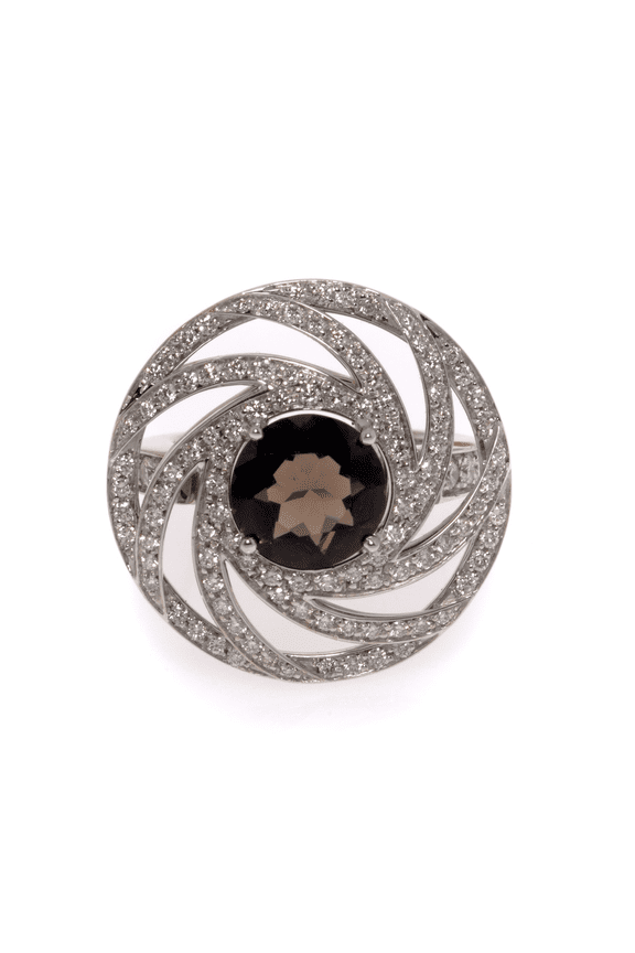 Smoky Quartz & Diamond Ring 18K White Gold 1.18 Cttw Size 7