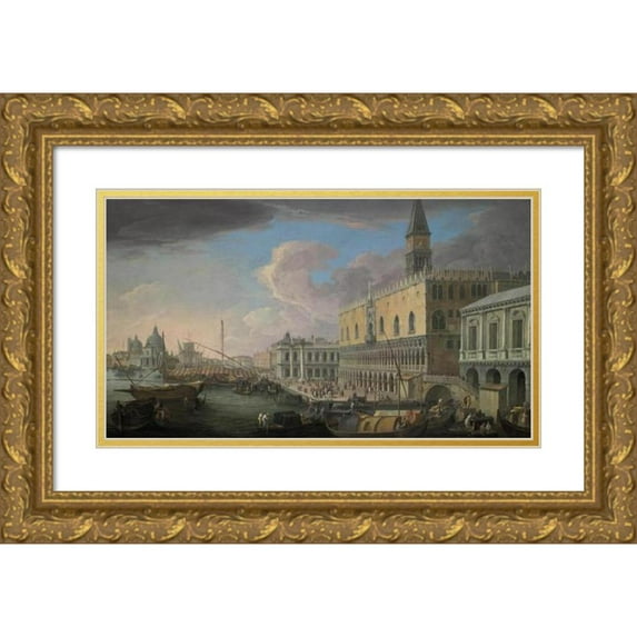Luca Carlevarijs 18x12 Gold Ornate Wood Frame and Double Matted Museum Art Print Titled - View of the Molo, Venice, Looking West