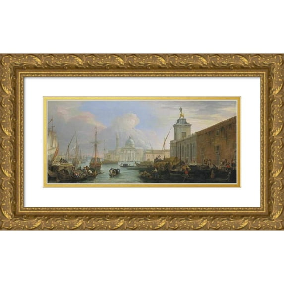 Luca Carlevarijs 24x12 Gold Ornate Framed and Double Matted Museum Art Print Titled - The Basce, Venice, with the Dogana and a Distant View of the Island of San Giorgio (Approx. 1709)