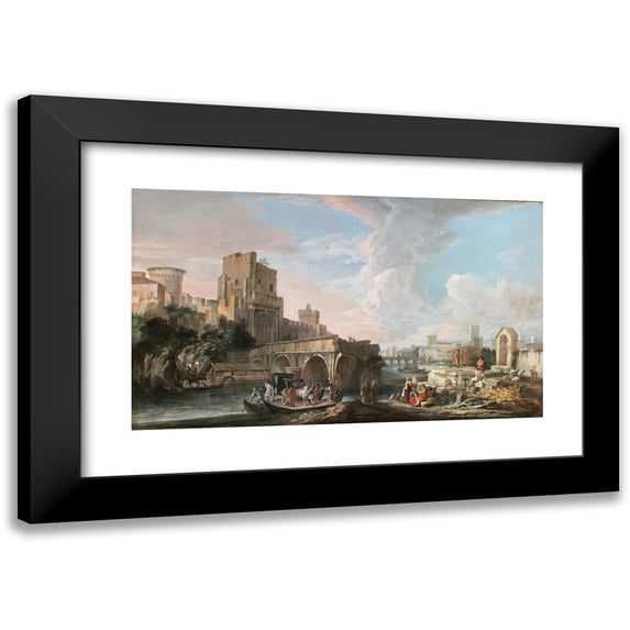 Luca Carlevarijs 24x16 Black Modern Framed Museum Art Print Titled - River Landscape with a Capriccio View of the Ponte Rotto, Rome