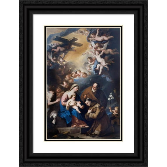 Luca Giordano 17x24 Black Ornate Framed Double Matted Museum Art Print Titled: The Holy Family Venerated by St. Anthony of Padua (1664)