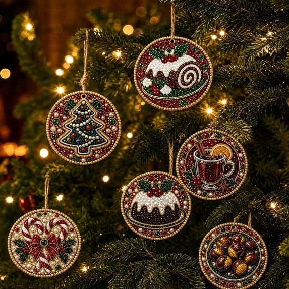 Lucahom DIY Christmas Ornament Kit, 6 Pcs Wood Hanging Ornaments with Holiday Sweets Design, Holiday Tree Decorations for Kids Adults Family, Xmas Party Decor, 3.54 in, 1 Set