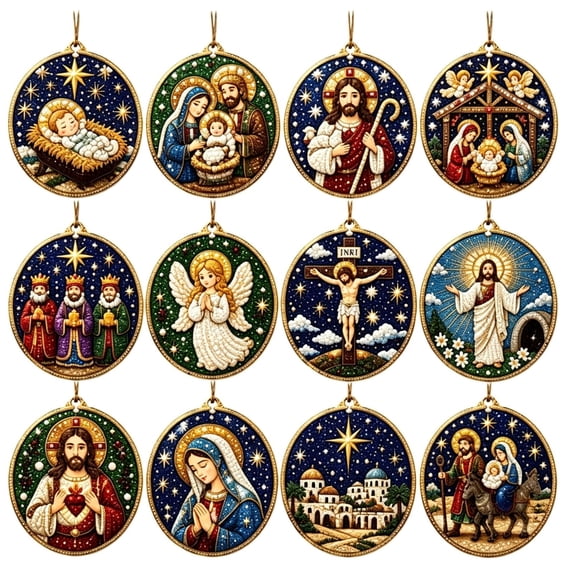 Lucahom DIY Diamond Art Painting Christmas Ornaments, 12 Pcs Pearl Art Hanging Ornaments with Nativity, Christmas Tree Hanging Decorations for Kids, Xmas Decor, 2.95 in, 1 Set