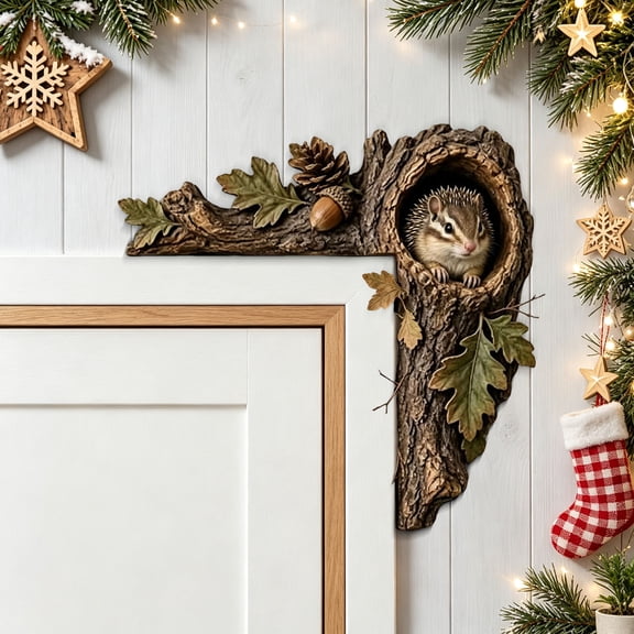Lucahom Forest Doorway Door Frame Sign, Wooden Tree Hollow Door Decor with Hedgehog, Acorns and Pine Cones, Rustic Woodland Home Cabin Garden Door Wall Decor, 9.84 in, 1 Pcs